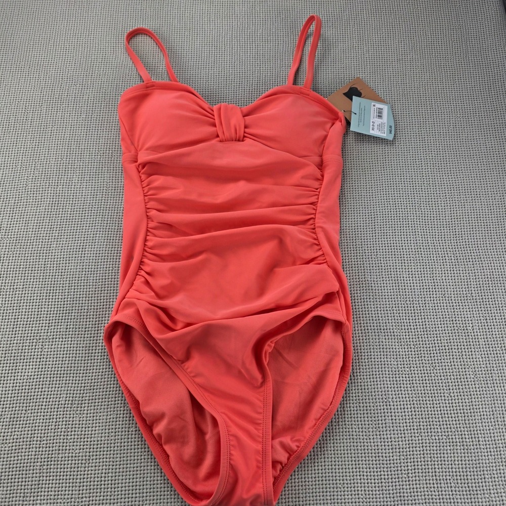 Shade & Shore Womens Coral Pink Ruched One Piece‎ Swimsuit XS 0-2 Full Coverage